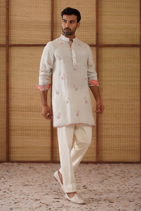 Buy_Arjan Dugal_Gray Organza, Silk, Cotton Satin, Lycra Light Grey Poppy Print Kurta Set 