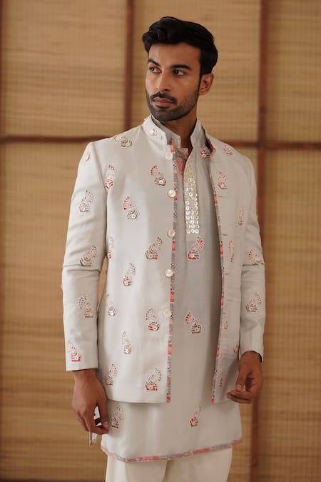 Buy_Arjan Dugal_Gray Organza, Silk, Modal, , Satin, Lycra, Gramophone Bandhgala Set _Online_at_Aza_Fashions