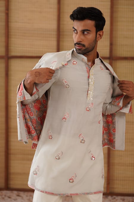 Shop_Arjan Dugal_Gray Organza, Silk, Modal, , Satin, Lycra, Gramophone Bandhgala Set _Online_at_Aza_Fashions