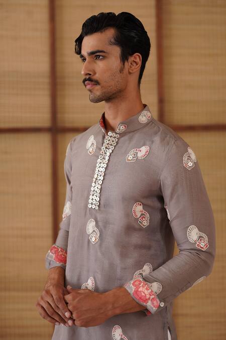 Arjan Dugal_Gray Organza, Silk, Cotton Satin, Lycra Gramophone Dori Kurta Set _Online_at_Aza_Fashions