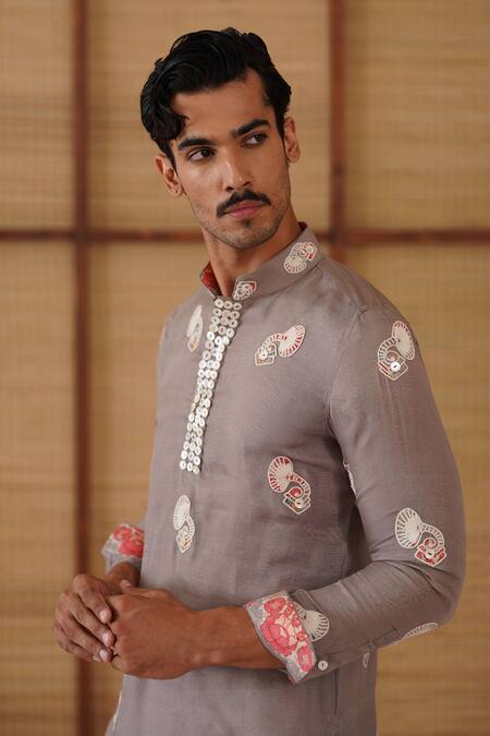 Buy_Arjan Dugal_Gray Organza, Silk, Cotton Satin, Lycra Gramophone Dori Kurta Set _Online_at_Aza_Fashions