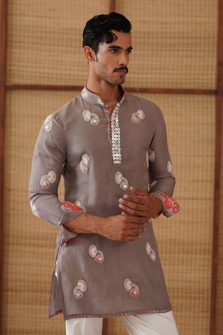 Shop_Arjan Dugal_Gray Organza, Silk, Cotton Satin, Lycra Gramophone Dori Kurta Set _Online_at_Aza_Fashions