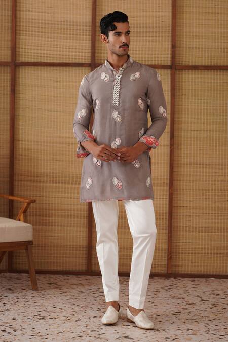 Arjan Dugal_Gray Organza, Silk, Cotton Satin, Lycra Gramophone Dori Kurta Set _at_Aza_Fashions