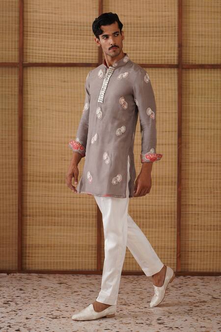 Shop_Arjan Dugal_Gray Organza, Silk, Cotton Satin, Lycra Gramophone Dori Kurta Set 