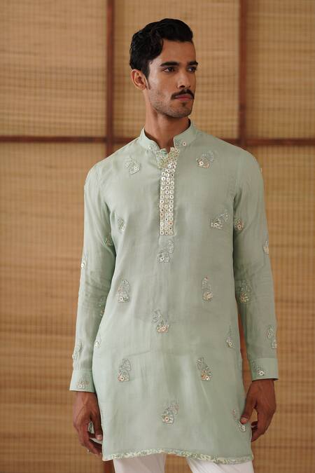 Buy_Arjan Dugal_Green Organza, Silk, Cotton Satin, Lycra Embroidery Gramophone Dori Kurta Set _Online_at_Aza_Fashions