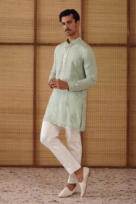 Shop_Arjan Dugal_Green Organza, Silk, Cotton Satin, Lycra Embroidery Gramophone Dori Kurta Set _Online_at_Aza_Fashions