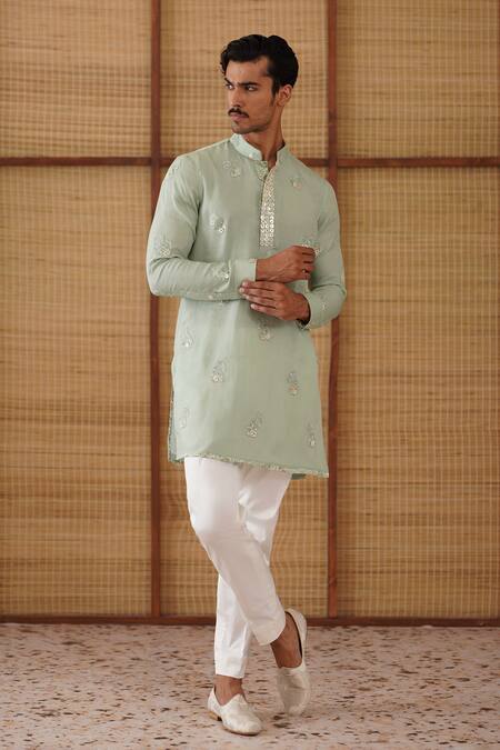 Arjan Dugal_Green Organza, Silk, Cotton Satin, Lycra Embroidery Gramophone Dori Kurta Set _at_Aza_Fashions