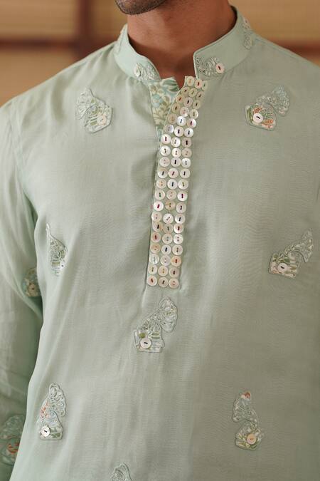 Buy_Arjan Dugal_Green Organza, Silk, Cotton Satin, Lycra Embroidery Gramophone Dori Kurta Set 