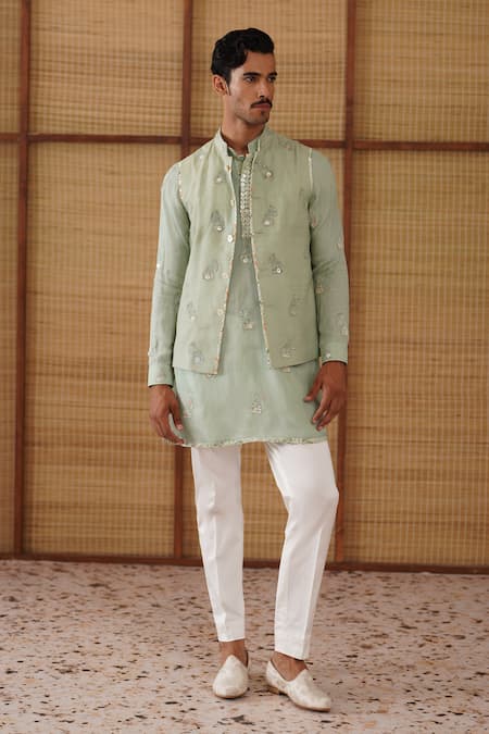 Arjan Dugal Green Organza, Silk, Modal, Cotton Satin Gramophone Dori Nehru Jacket Set 