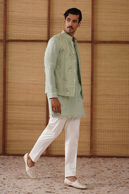 Arjan Dugal_Green Organza, Silk, Modal, Cotton Satin Gramophone Dori Nehru Jacket Set _at_Aza_Fashions