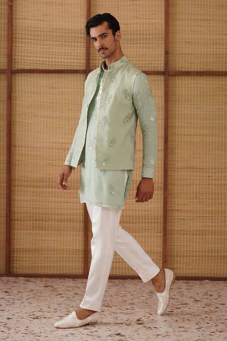 Buy_Arjan Dugal_Green Organza, Silk, Modal, Cotton Satin Gramophone Dori Nehru Jacket Set 