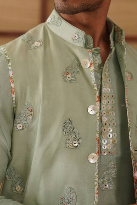 Shop_Arjan Dugal_Green Organza, Silk, Modal, Cotton Satin Gramophone Dori Nehru Jacket Set 