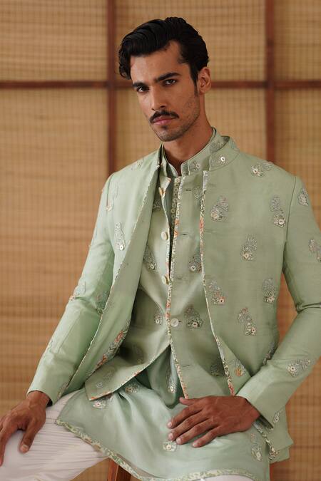 Buy_Arjan Dugal_Green Organza, Silk, Cotton Embroidery Sage Jaal Print Bandhgala Set _Online_at_Aza_Fashions