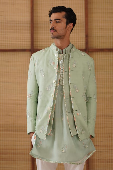 Arjan Dugal Sage Green Jaal Print Bandhgala Set 