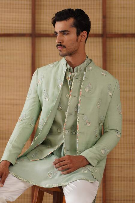 Shop_Arjan Dugal_Green Organza, Silk, Cotton Embroidery Sage Jaal Print Bandhgala Set _Online_at_Aza_Fashions