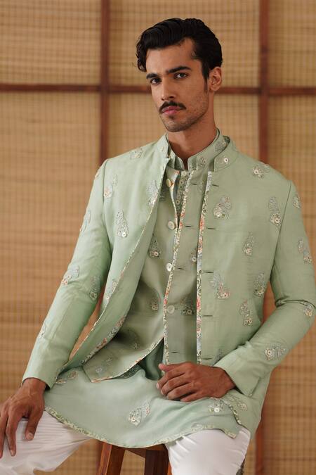 Arjan Dugal_Green Organza, Silk, Cotton Embroidery Sage Jaal Print Bandhgala Set _at_Aza_Fashions