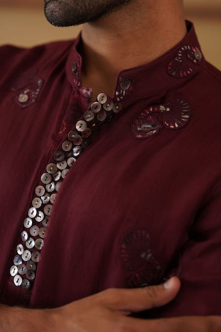 Arjan Dugal_Burgundy Organza, Cotton Satin, Lycra Embroidery Gramophone Dori Long Kurta Set _Online_at_Aza_Fashions