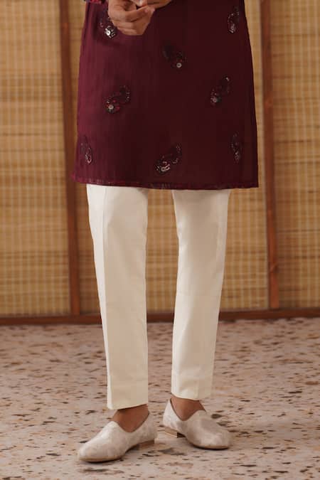 Buy_Arjan Dugal_Burgundy Organza, Cotton Satin, Lycra Embroidery Gramophone Dori Long Kurta Set _Online_at_Aza_Fashions