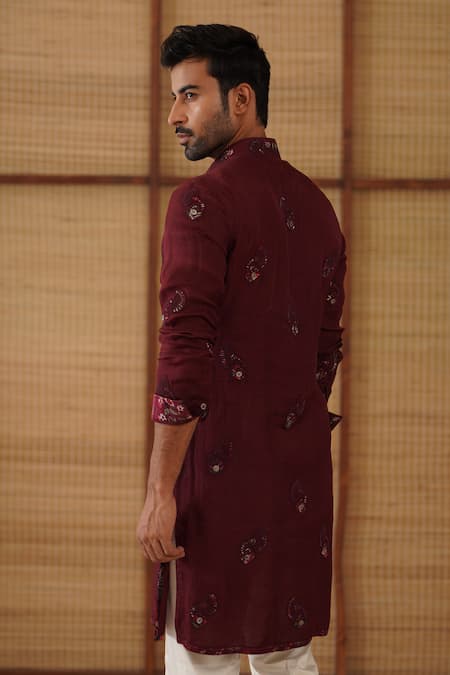 Shop_Arjan Dugal_Burgundy Organza, Cotton Satin, Lycra Embroidery Gramophone Dori Long Kurta Set _Online_at_Aza_Fashions