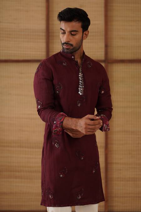Arjan Dugal_Burgundy Organza, Cotton Satin, Lycra Embroidery Gramophone Dori Long Kurta Set _at_Aza_Fashions