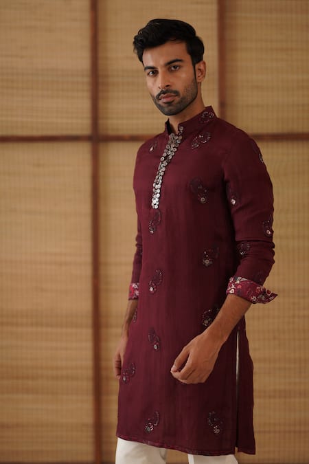 Buy_Arjan Dugal_Burgundy Organza, Cotton Satin, Lycra Embroidery Gramophone Dori Long Kurta Set 
