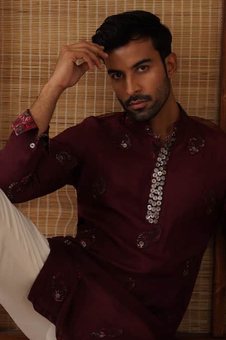 Shop_Arjan Dugal_Burgundy Organza, Cotton Satin, Lycra Embroidery Gramophone Dori Long Kurta Set 