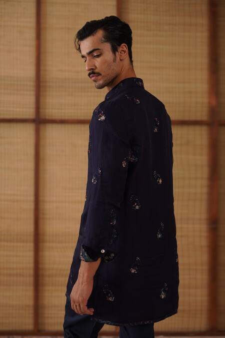 Arjan Dugal_Navy Organza, Silk, Cotton Satin, Lycra Embroidery Gramophone Dori Kurta Set _Online_at_Aza_Fashions