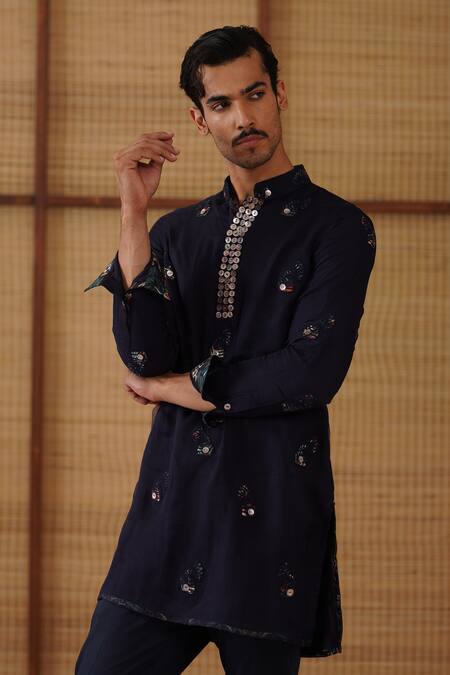 Buy_Arjan Dugal_Navy Organza, Silk, Cotton Satin, Lycra Embroidery Gramophone Dori Kurta Set _Online_at_Aza_Fashions