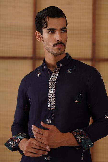 Shop_Arjan Dugal_Navy Organza, Silk, Cotton Satin, Lycra Embroidery Gramophone Dori Kurta Set _Online_at_Aza_Fashions