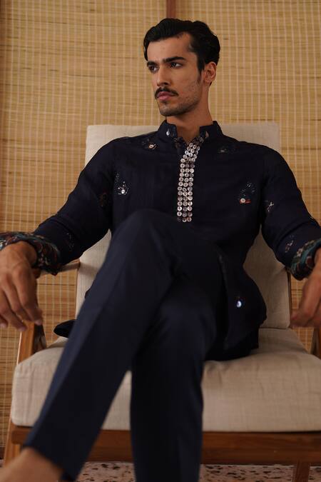 Buy_Arjan Dugal_Navy Organza, Silk, Cotton Satin, Lycra Embroidery Gramophone Dori Kurta Set 