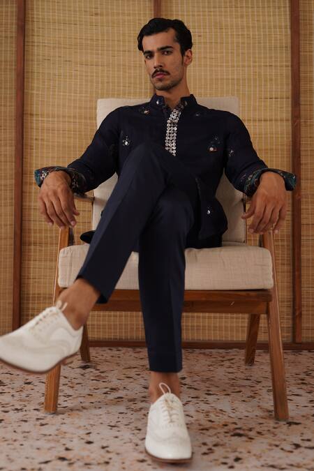 Shop_Arjan Dugal_Navy Organza, Silk, Cotton Satin, Lycra Embroidery Gramophone Dori Kurta Set 