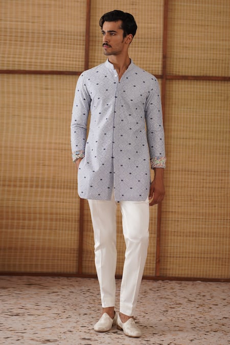 Buy_Arjan Dugal_Blue Cotton, Kairos Diamond Foe Kurta Set _Online_at_Aza_Fashions