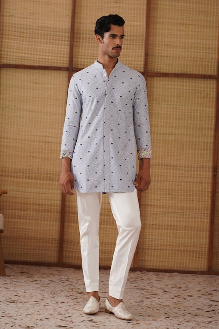 Shop_Arjan Dugal_Blue Cotton, Kairos Diamond Foe Kurta Set _Online_at_Aza_Fashions