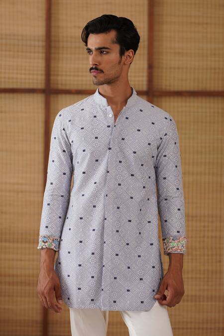 Shop_Arjan Dugal_Blue Cotton, Kairos Diamond Foe Kurta Set 
