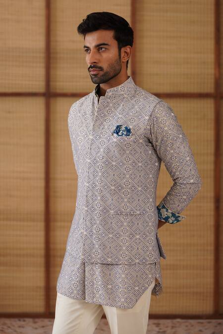 Buy_Arjan Dugal_Blue Chanderi, Modal, Cotton Satin Diamond Jaal Print Nehru Jacket Set _Online_at_Aza_Fashions