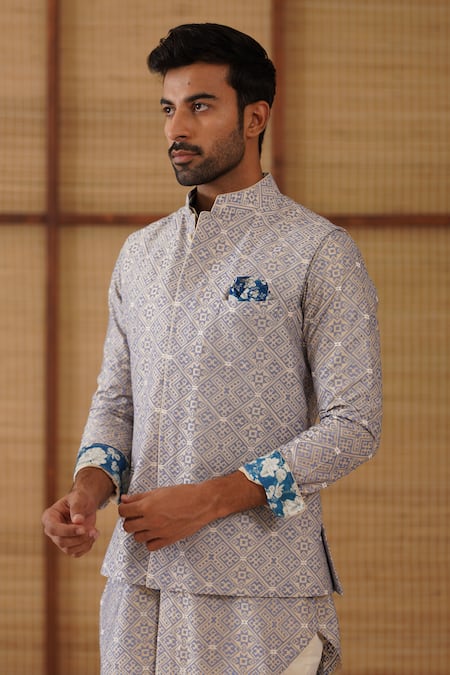 Shop_Arjan Dugal_Blue Chanderi, Modal, Cotton Satin Diamond Jaal Print Nehru Jacket Set _Online_at_Aza_Fashions