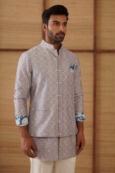 Arjan Dugal Diamond Jaal Print Nehru Jacket Set 