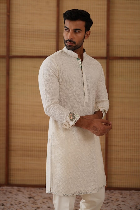 Buy_Arjan Dugal_Off White Chanderi , , Lycra, Designer Kairos Kurta Set _Online_at_Aza_Fashions