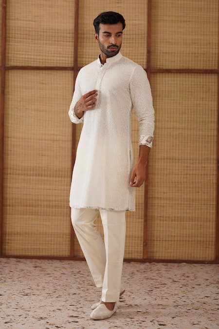 Shop_Arjan Dugal_Off White Chanderi , , Lycra, Designer Kairos Kurta Set _Online_at_Aza_Fashions