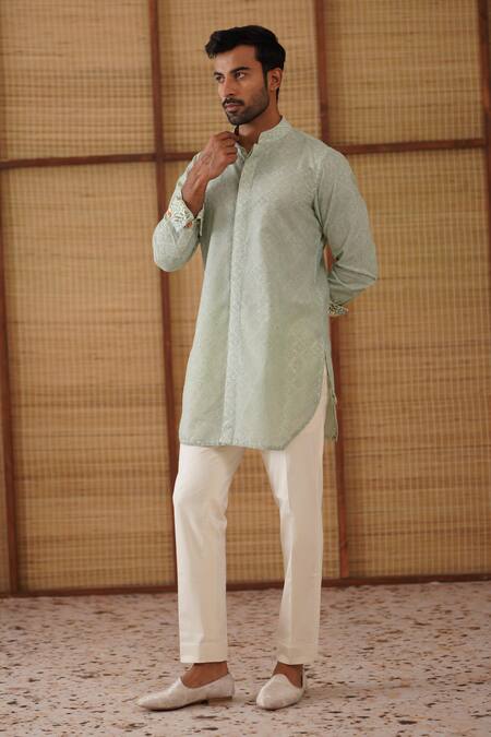 Buy_Arjan Dugal_Green , Satin, Lycra, Sage Jaal Print Kurta Set _Online_at_Aza_Fashions