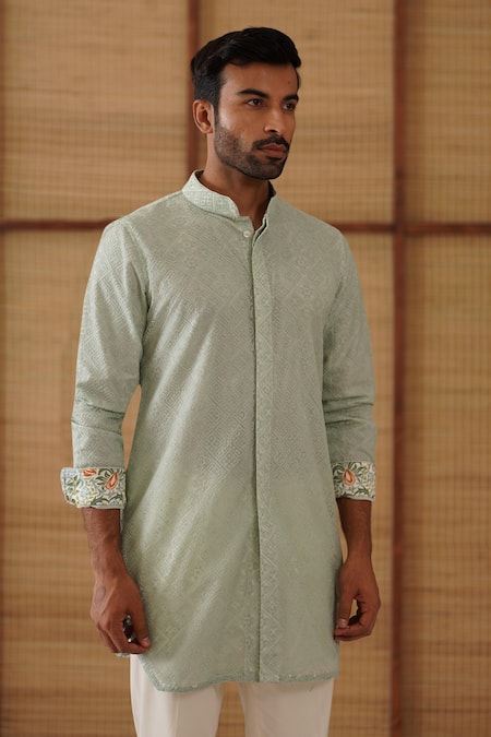 Shop_Arjan Dugal_Green , Satin, Lycra, Sage Jaal Print Kurta Set _Online_at_Aza_Fashions