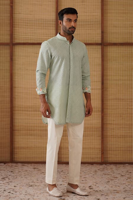 Arjan Dugal_Green , Satin, Lycra, Sage Jaal Print Kurta Set _at_Aza_Fashions