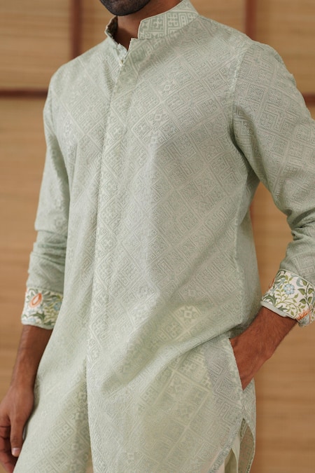 Buy_Arjan Dugal_Green , Satin, Lycra, Sage Jaal Print Kurta Set 