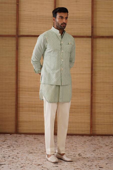 Arjan Dugal_Green Chanderi, Modal, Cotton Satin Embroidery Sage Jaal Print Nehru Jacket Set _Online_at_Aza_Fashions