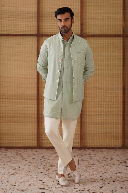 Arjan Dugal Green Chanderi, Modal, Cotton Satin Embroidery Sage Jaal Print Nehru Jacket Set 