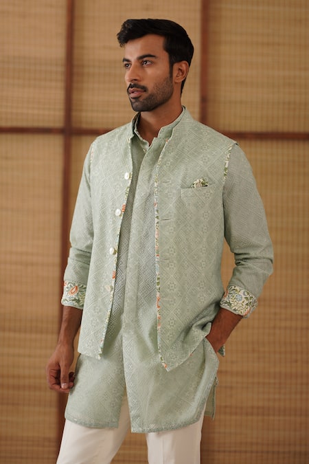 Buy_Arjan Dugal_Green Chanderi, Modal, Cotton Satin Embroidery Sage Jaal Print Nehru Jacket Set _Online_at_Aza_Fashions