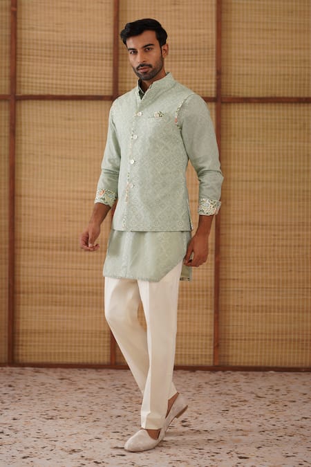 Arjan Dugal Sage Green Jaal Print Nehru Jacket Set 