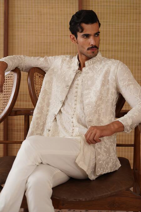 Arjan Dugal_Off White Organza, Silk, Cotton Satin, Lycra Beads Banarasi Nehru Jacket Set _Online_at_Aza_Fashions