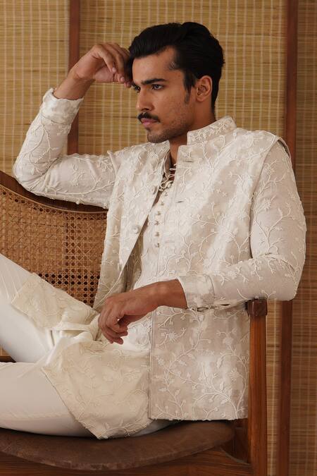 Buy_Arjan Dugal_Off White Organza, Silk, Cotton Satin, Lycra Beads Banarasi Nehru Jacket Set _Online_at_Aza_Fashions