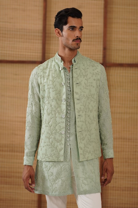 Buy_Arjan Dugal_Green Organza, Cotton Satin, Lycra Beads, Beaded Sage Nehru Jacket Set _Online_at_Aza_Fashions